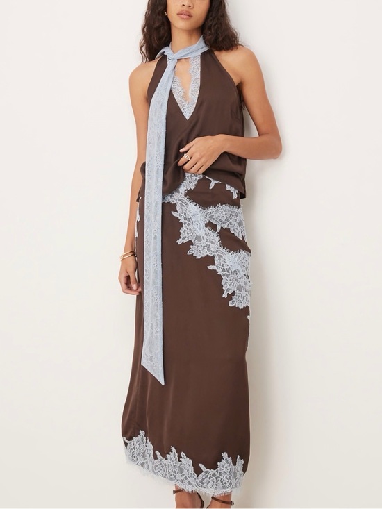 Never Fully Dressed Dresses & Skirts - Never Fully Dressed lace trim satin maxi skirt co-ord in chocolate sz 2